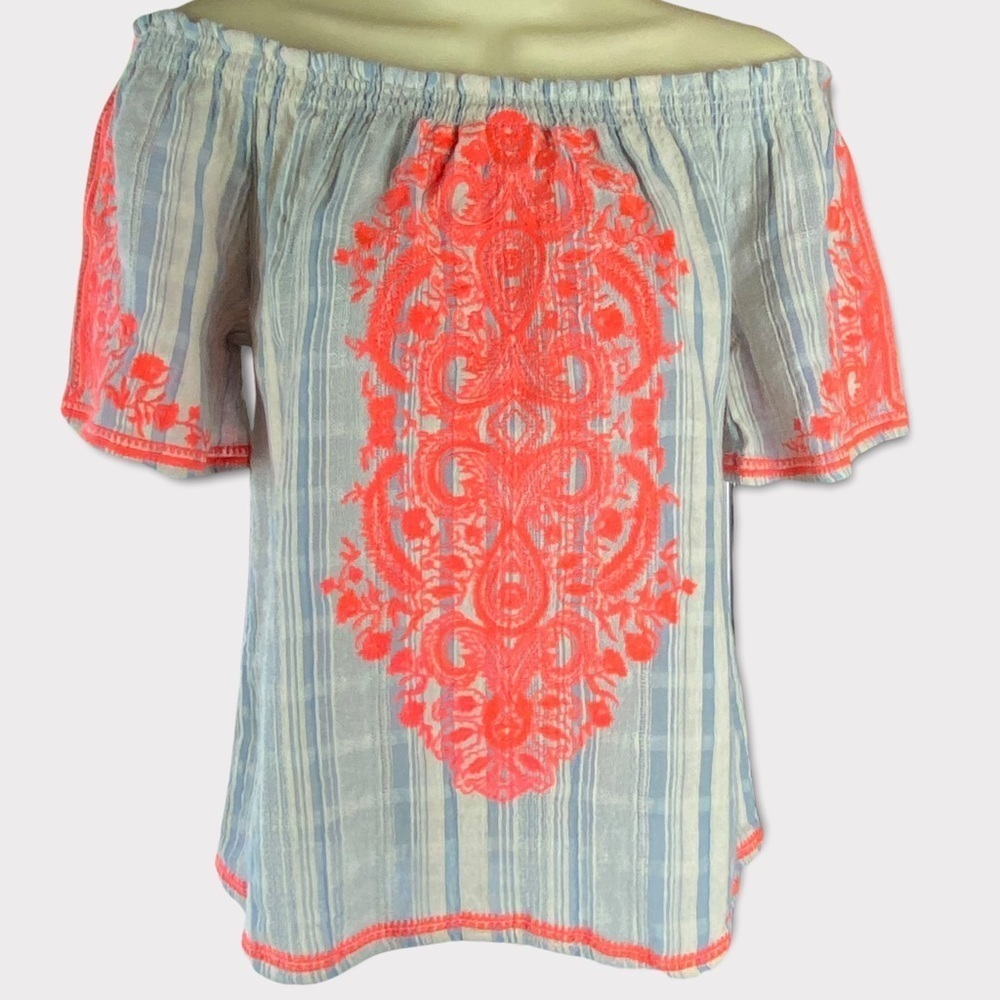 Sugar Lips Womens Short Sleeve Off the Shoulder Top with Embroidery Detail